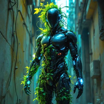 The primary subject of the image is a robot dressed in a suit with green vines growing out of it. The robot is standing in a dark alley, giving the scene a mysterious and futuristic atmosphere. The visual style of the image is a combination of photo and digital art, creating a unique and intriguing appearance. The colors in the image are predominantly dark, with the green vines providing a contrasting and lively element.